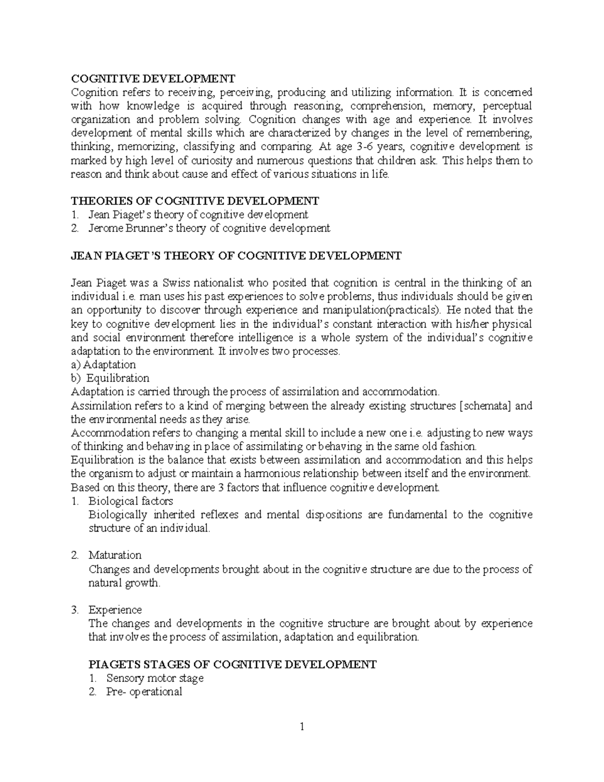 PSY 311 Lecture Notes: Theories and Stages of Cognitive Development ...