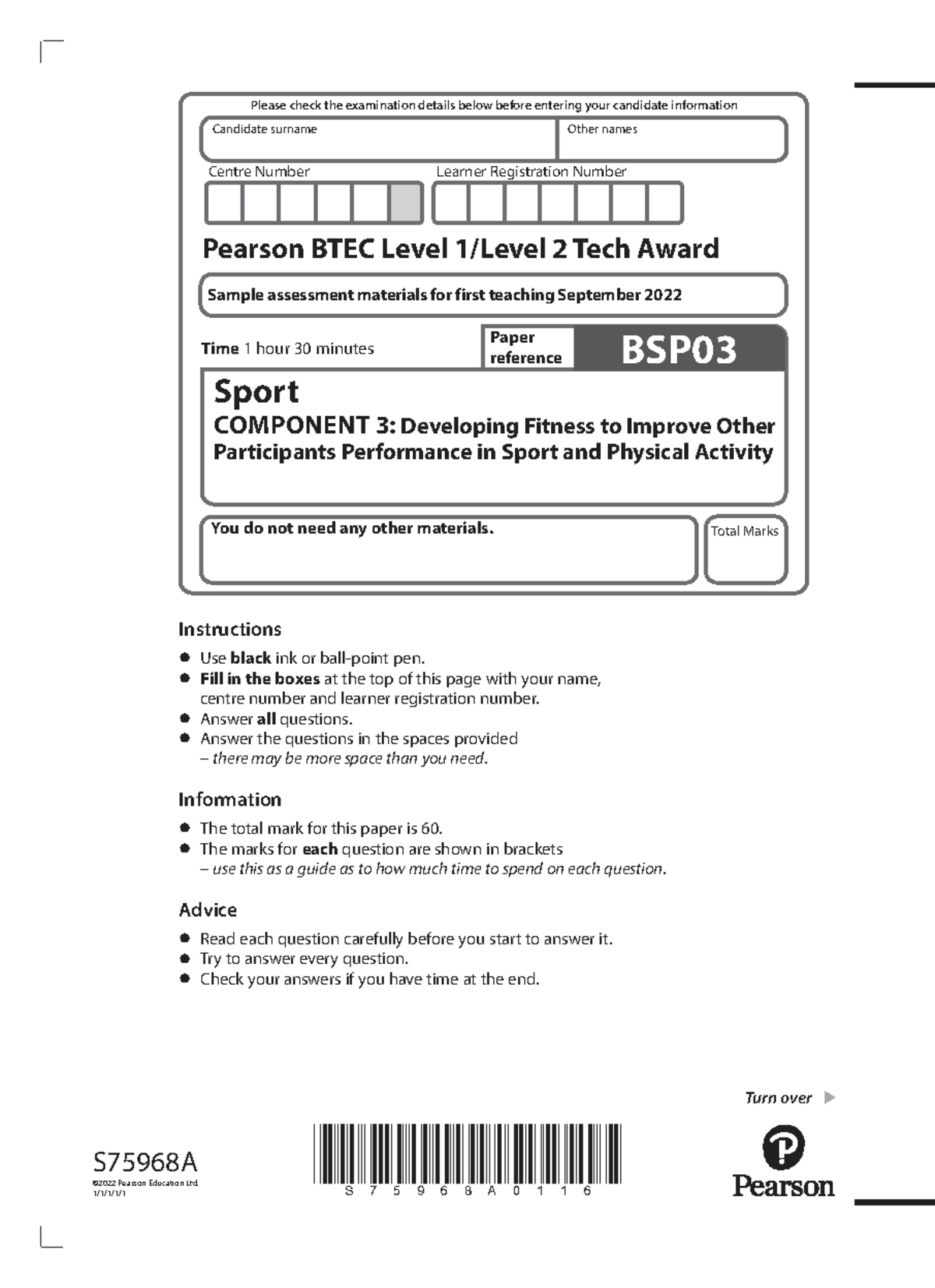 Past Paper 1: Pearson BTEC Level 2 Tech Award in Sport (BSP03) Exam ...