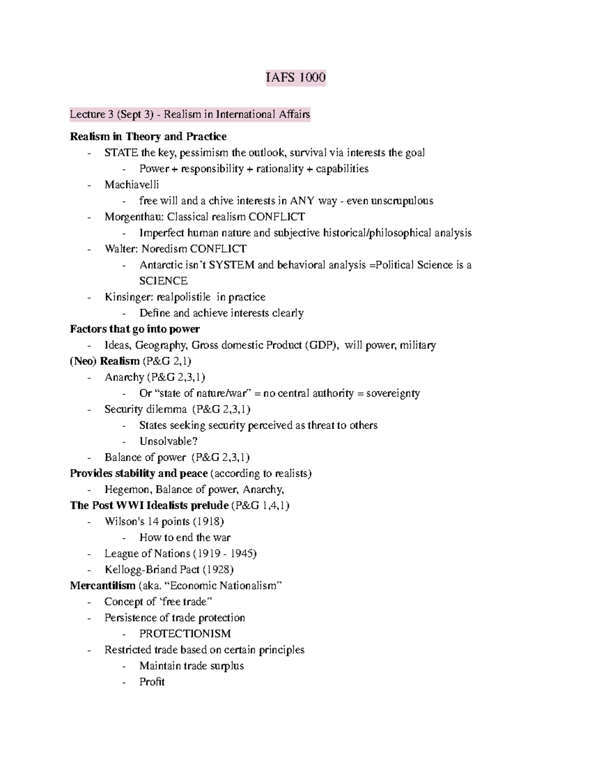 IAFS 1000 - Lecture Notes on Realism and International Affairs Topics ...
