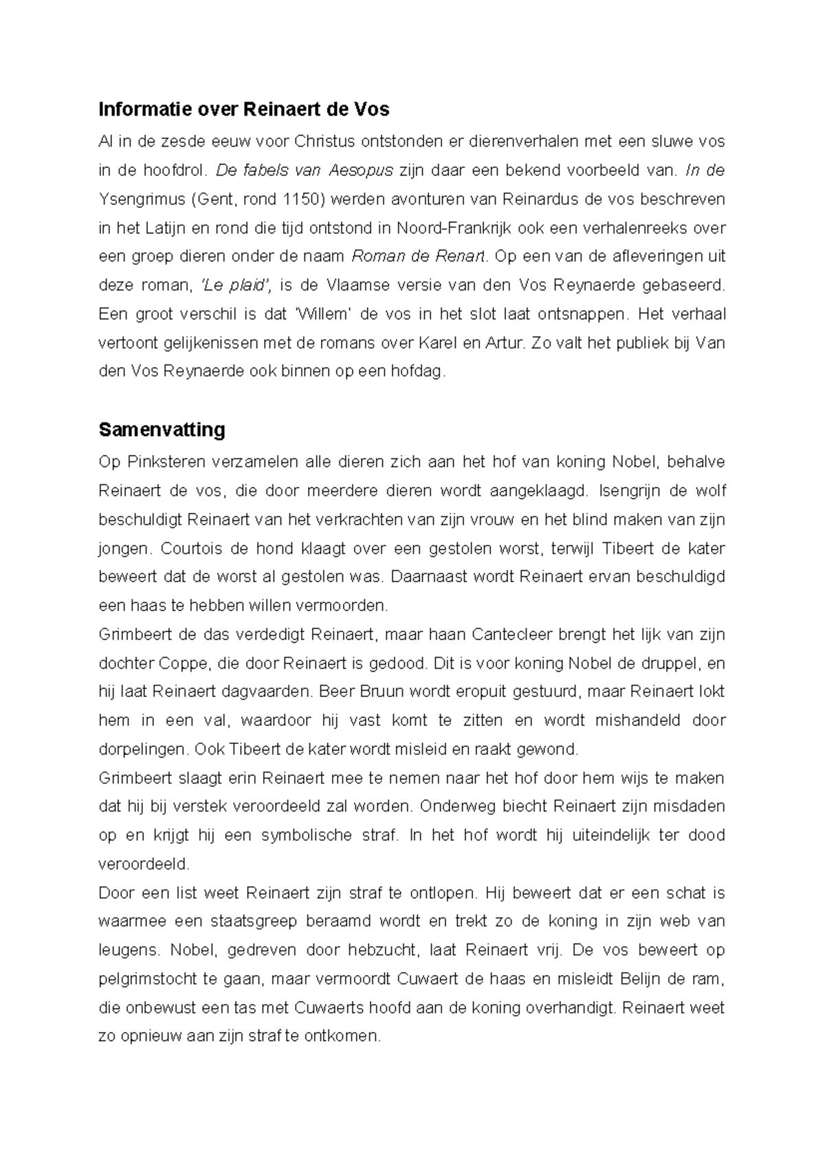 Samenvatting van Reynaert de Vos en Karel ende Elegast - Studeersnel