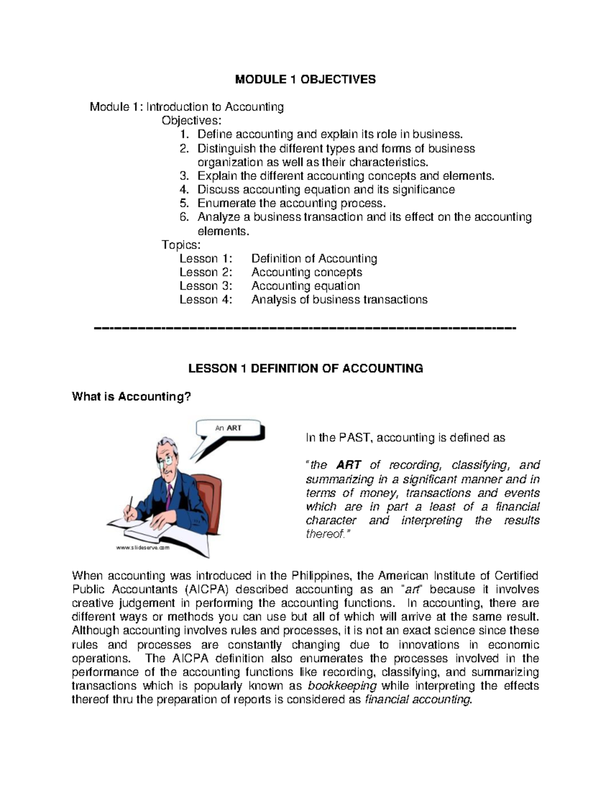 M1 Introductory Concepts and Objectives in Accounting - Studocu