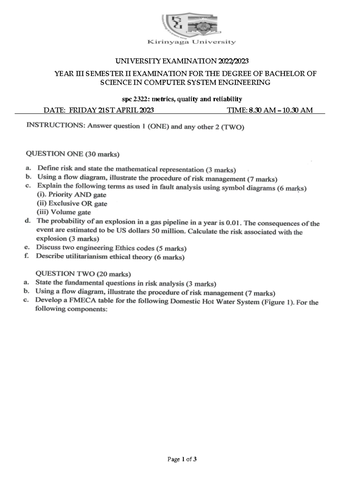 Spc 2322 metrics, quality and reliability Year III Semester II 2 ...