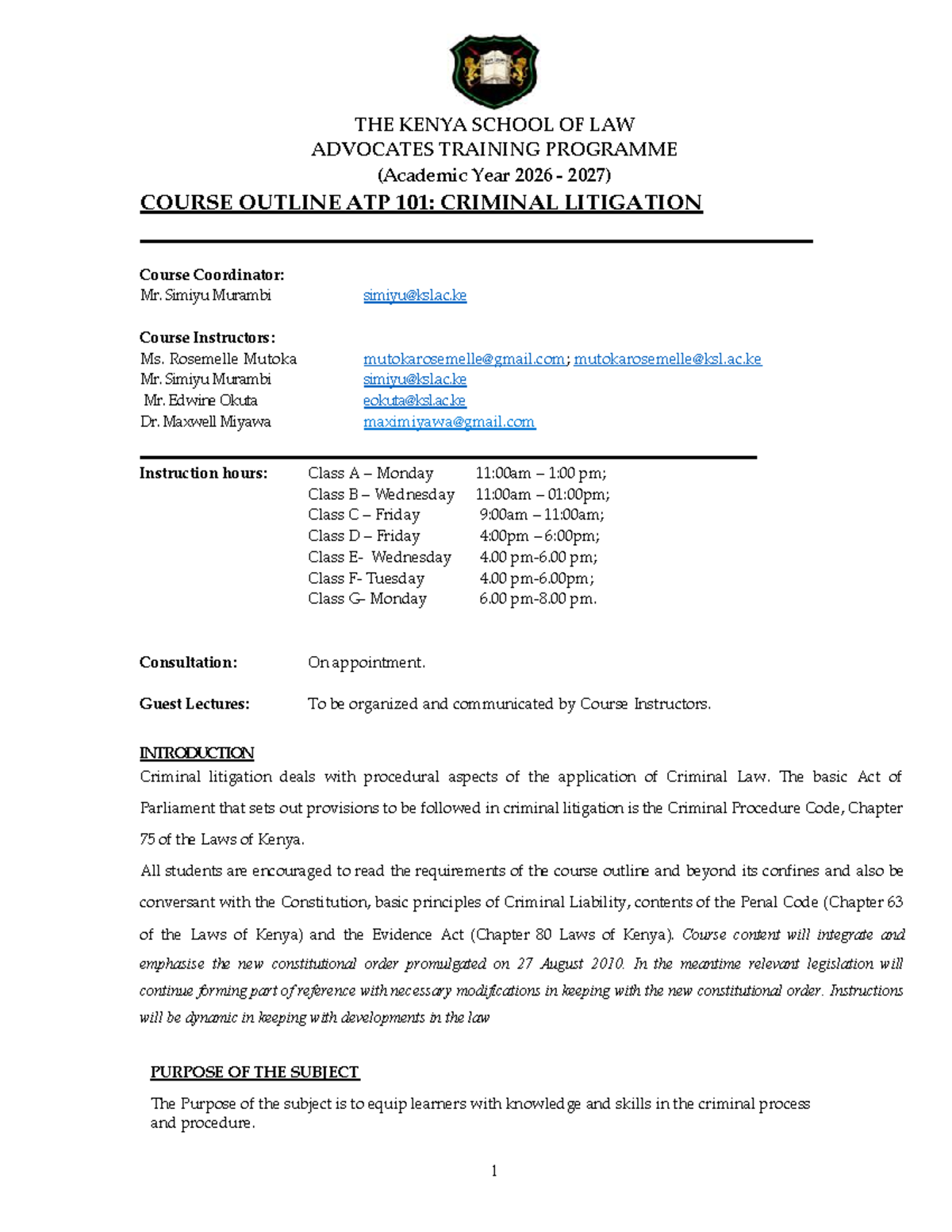 ATP 101: Criminal Litigation Course Outline (2026-2027) - Studocu
