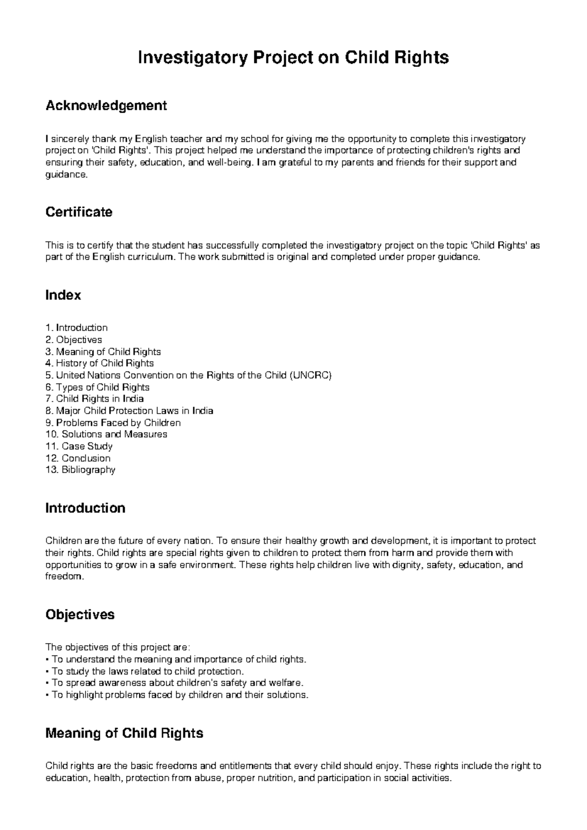 Investigatory Project on Child Rights: Understanding and Solutions ...