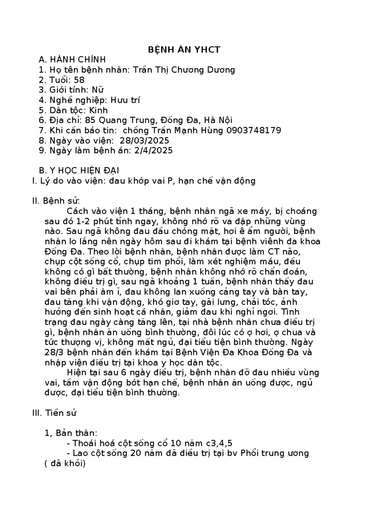 Bệnh án khớp vai phải - CLINICAL REPORT - YHCT - Document Preview