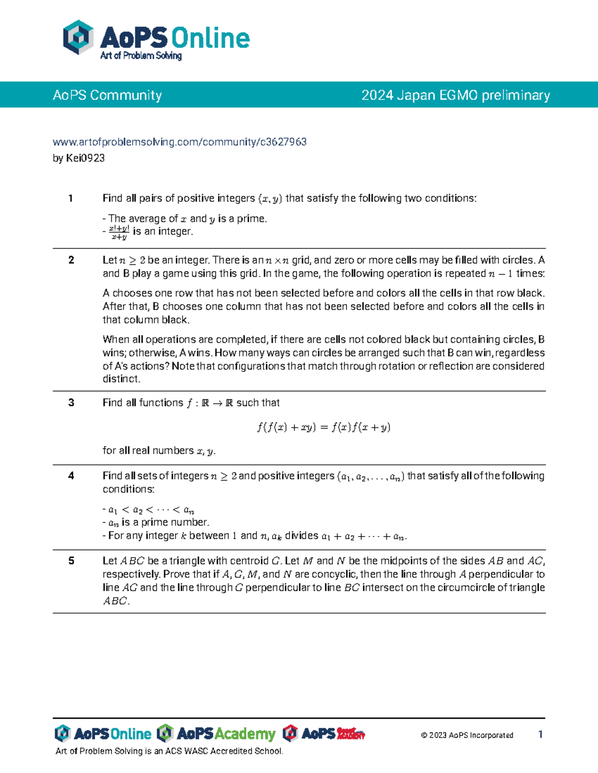 AoPS Community 2024 Japan EGMO Preliminary Problem Set - Studocu
