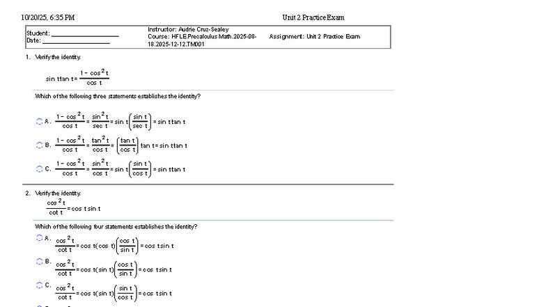 Unit 2 Practice Exam Student Version Math 2412 - 1. 2. 3. 4. Student