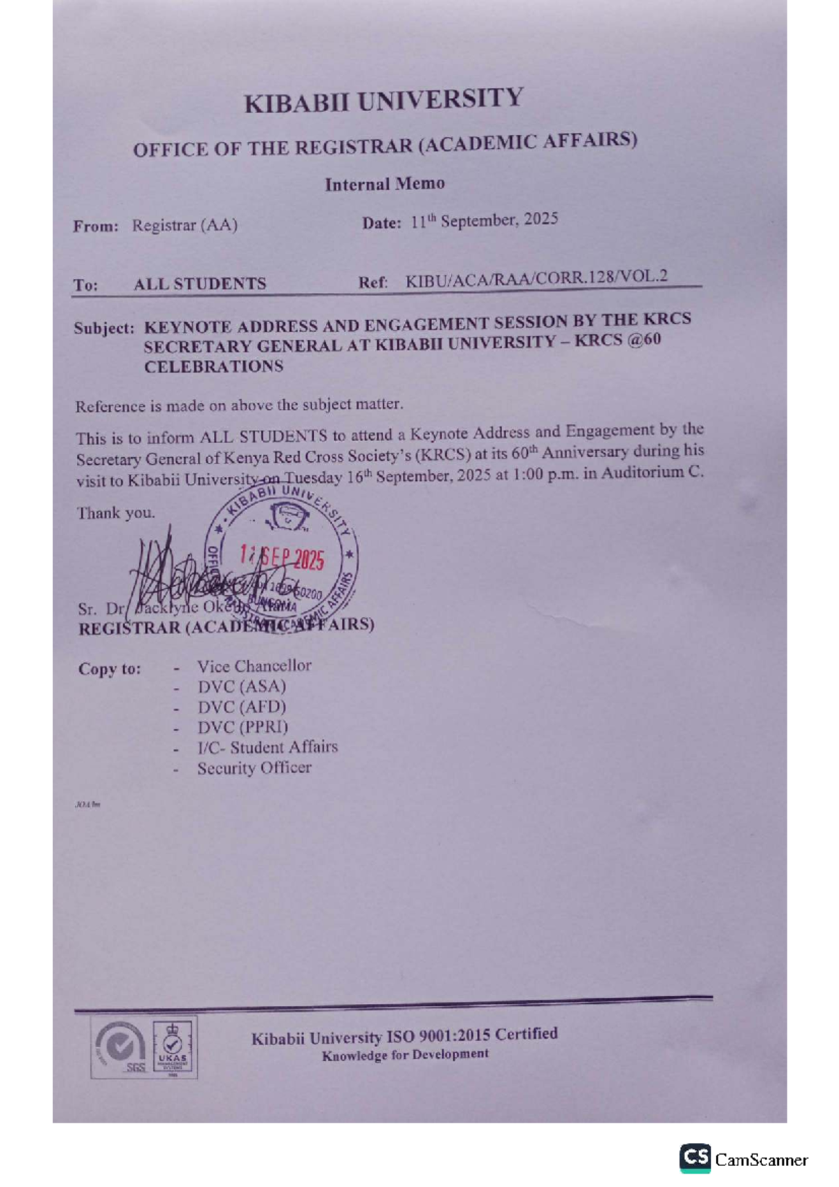 Keynote Address Notes: KRCS 60th Anniversary at KIBABII UNIVERSITY ...