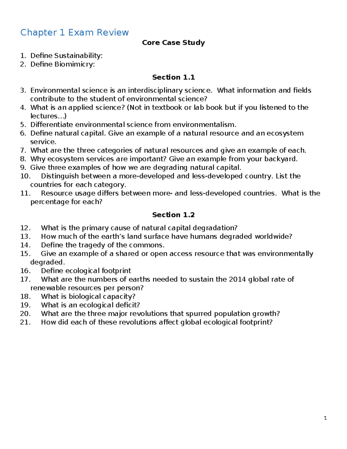 Environmental Science Chapter 1 Exam Review: Key Concepts and ...