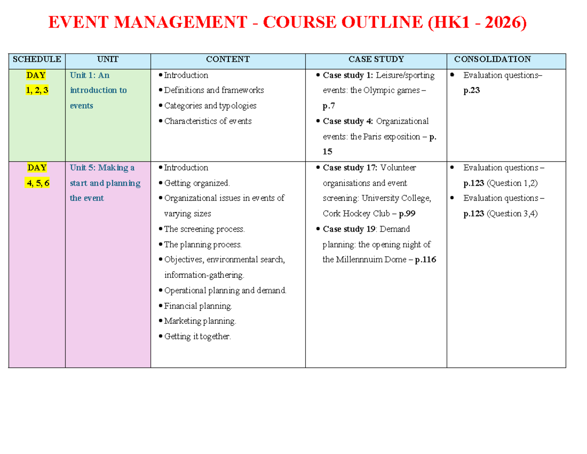 EVENT MANAGEMENT COURSE OUTLINE (HK1 2026) - Detailed Overview - Studocu