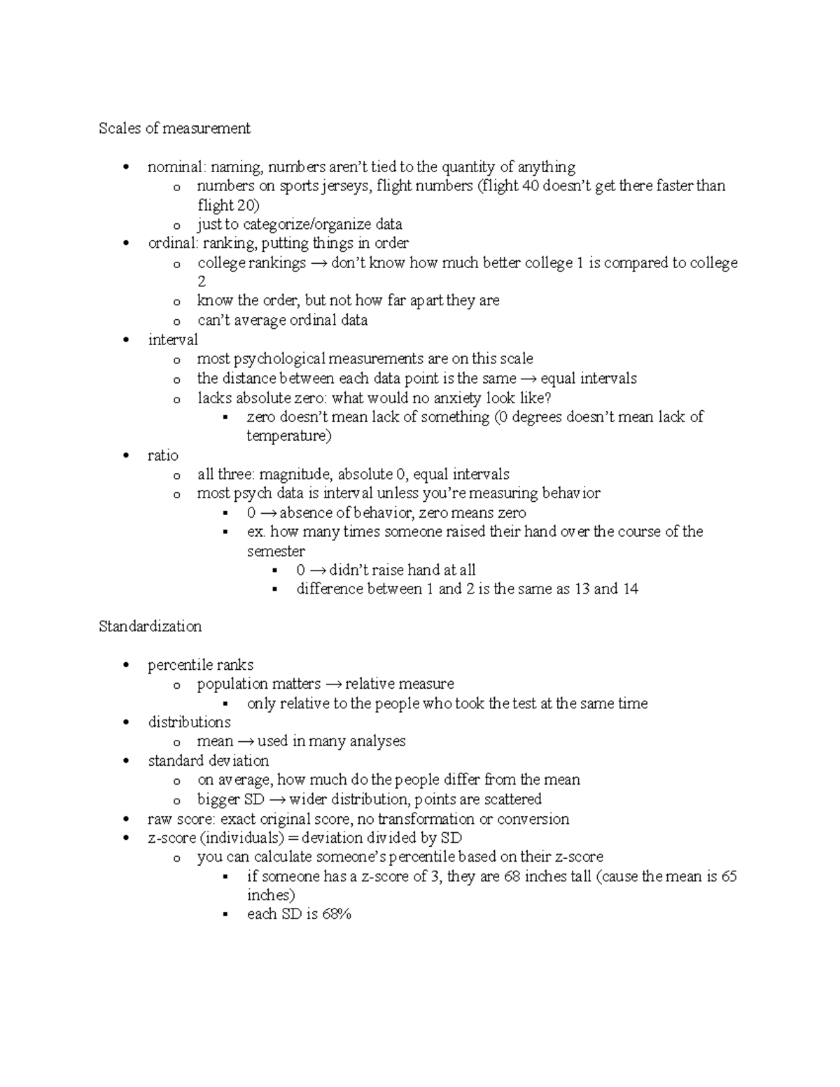 Basic Stats & Norms: Class Notes on Measurement Scales & Analysis - Studocu