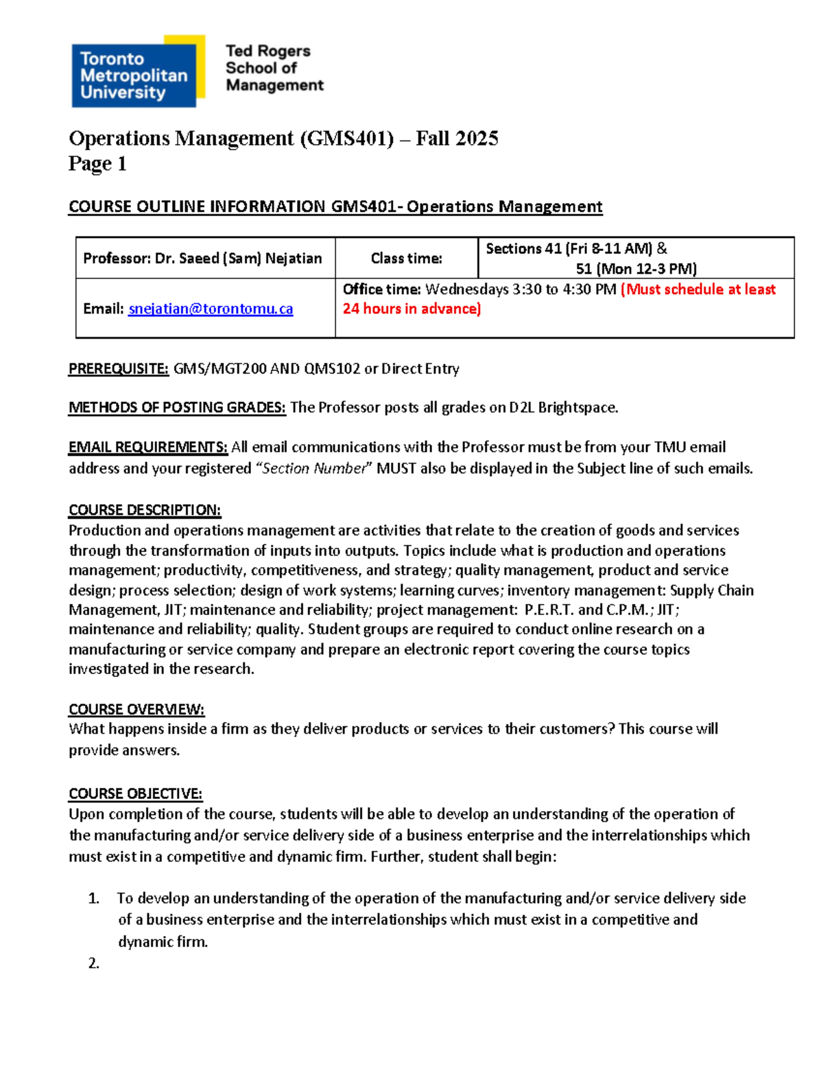 Operations Management (GMS401) Fall 2025 Course Outline and Evaluation ...