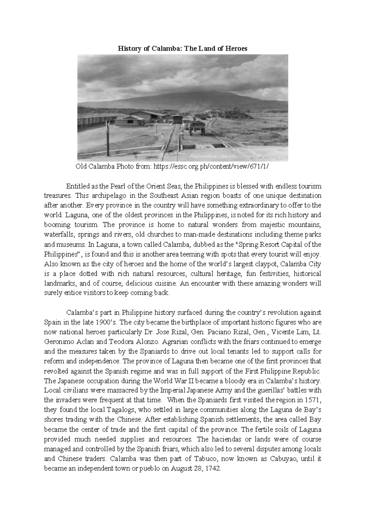 The Historical Significance of Calamba City: A Cultural Overview - Studocu