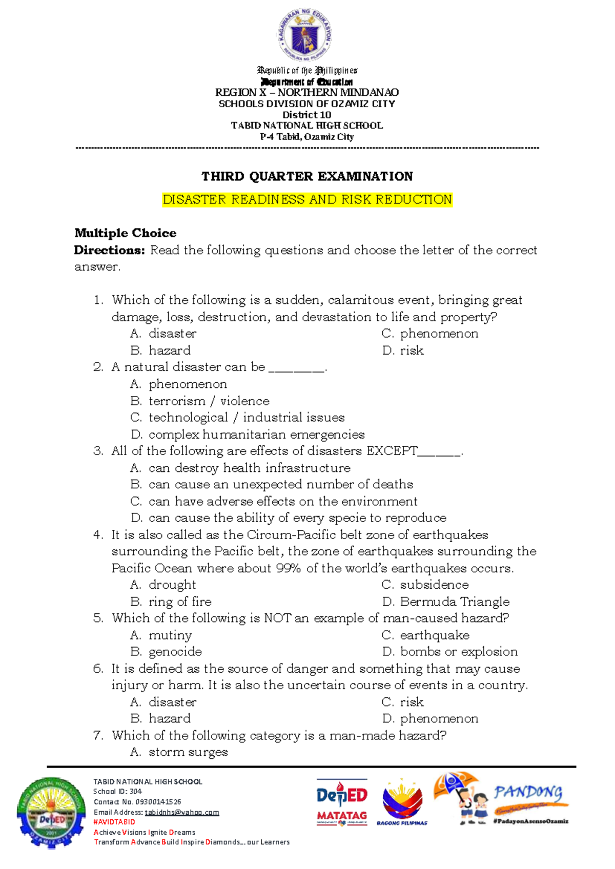 DRRRM 3rd Quarter Exam: Disaster Readiness & Risk Reduction - Studocu