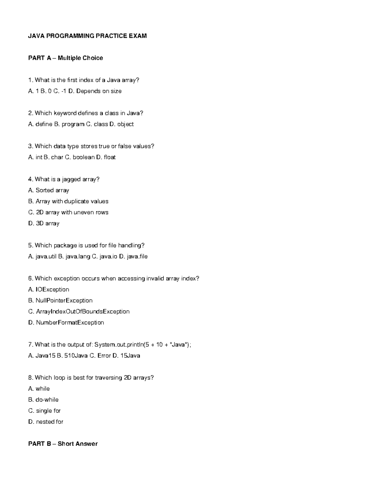JAVA PROGRAMMING PRACTICE EXAM PART A & B Multiple Choice & Short ...