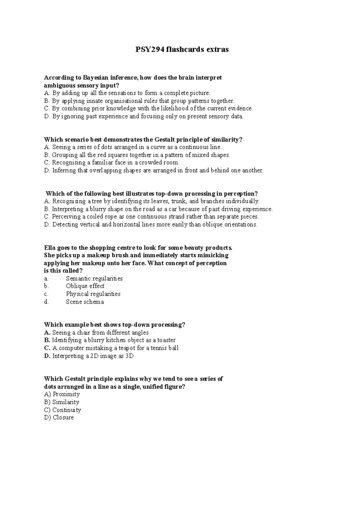 PSY294 Final Exam Study: Key Concepts in Perception and Processing ...