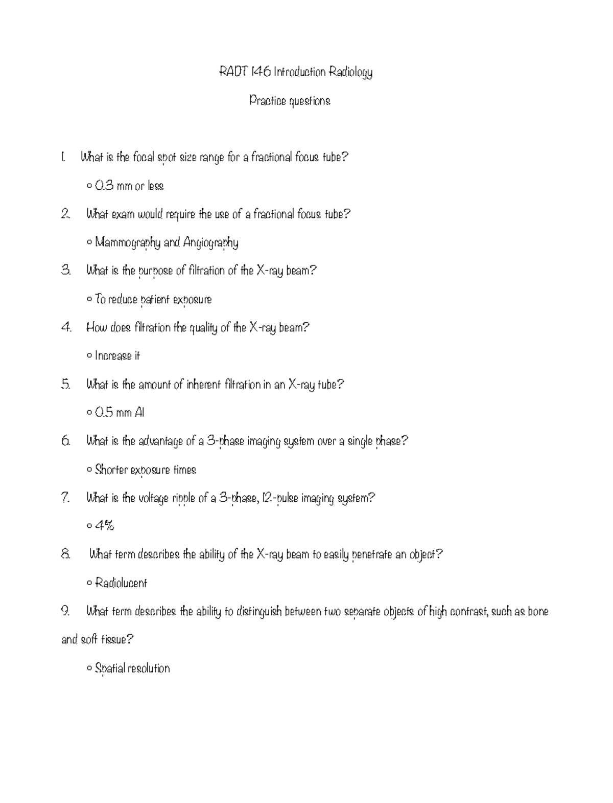 Rad tech note 1 - Class notes - RADT 146 Introduction Radiology ...