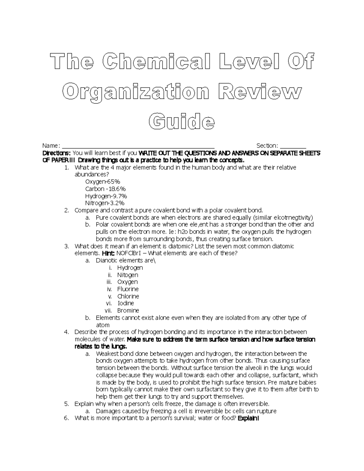2 The Chemical Level Of Organization Review Guide V 2mw - Name: - Studocu