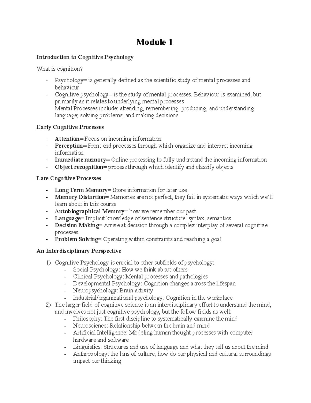 Psychology 253: Intro to Cognitive Psychology - Module 1 Overview - Studocu