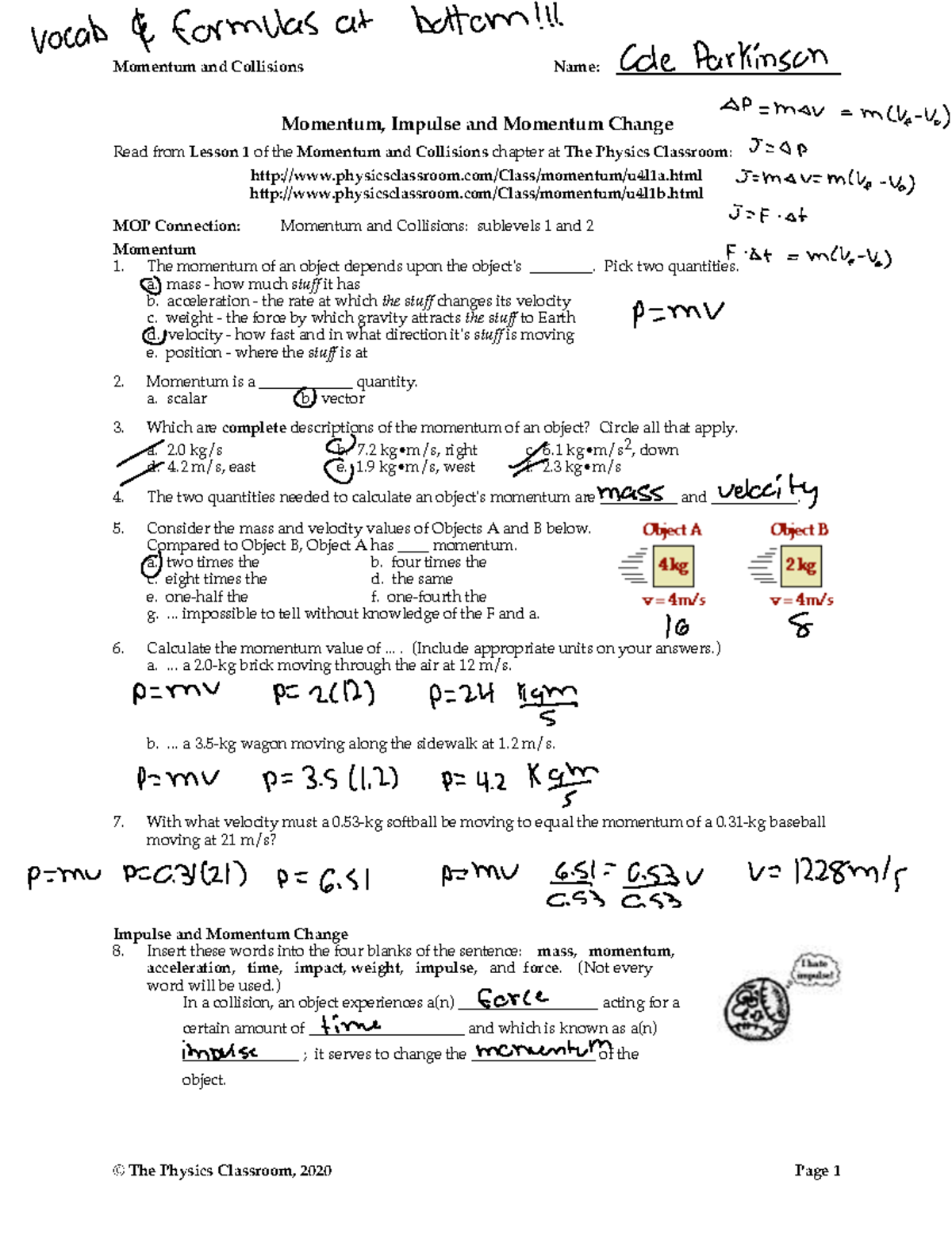 Momentum and Collisions: Formulas and Concepts Review (MCE U) - Studocu