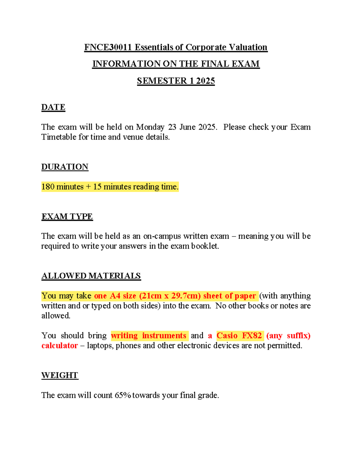 FNCE30011 Final Exam Information - Semester 1 2025 Details - Studocu