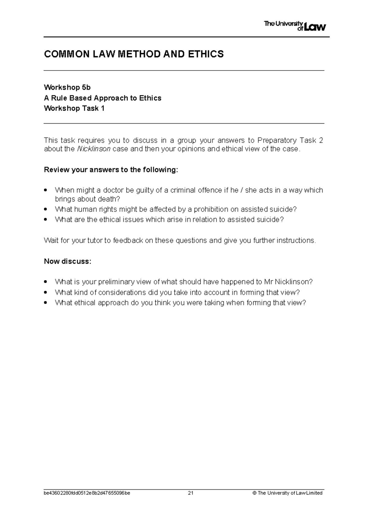 Workshop 5b: Common Law Ethics & the Nicklinson Case Discussion - Studocu