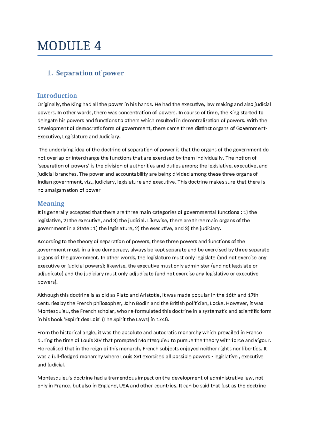 MODULE 4: Separation of Powers in the Indian Constitution - Notes - Studocu