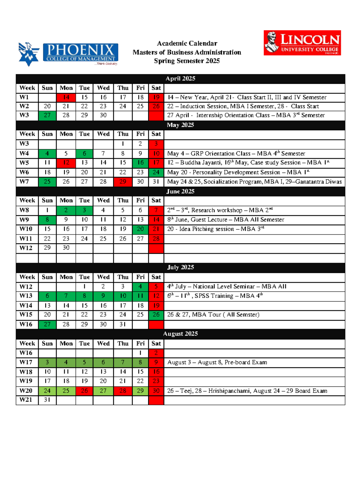 MBA Academic Calendar Spring Semester 2025: Key Dates & Events - Studocu