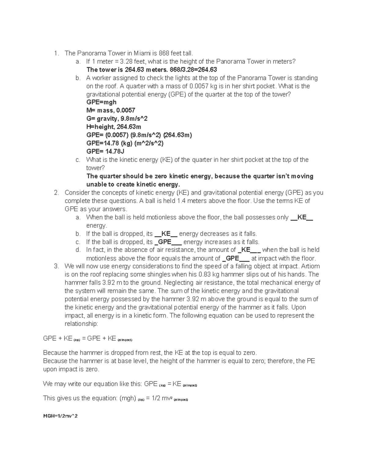 3.07 Forms of Energy - Lab: KE & GPE Calculations and Applications ...