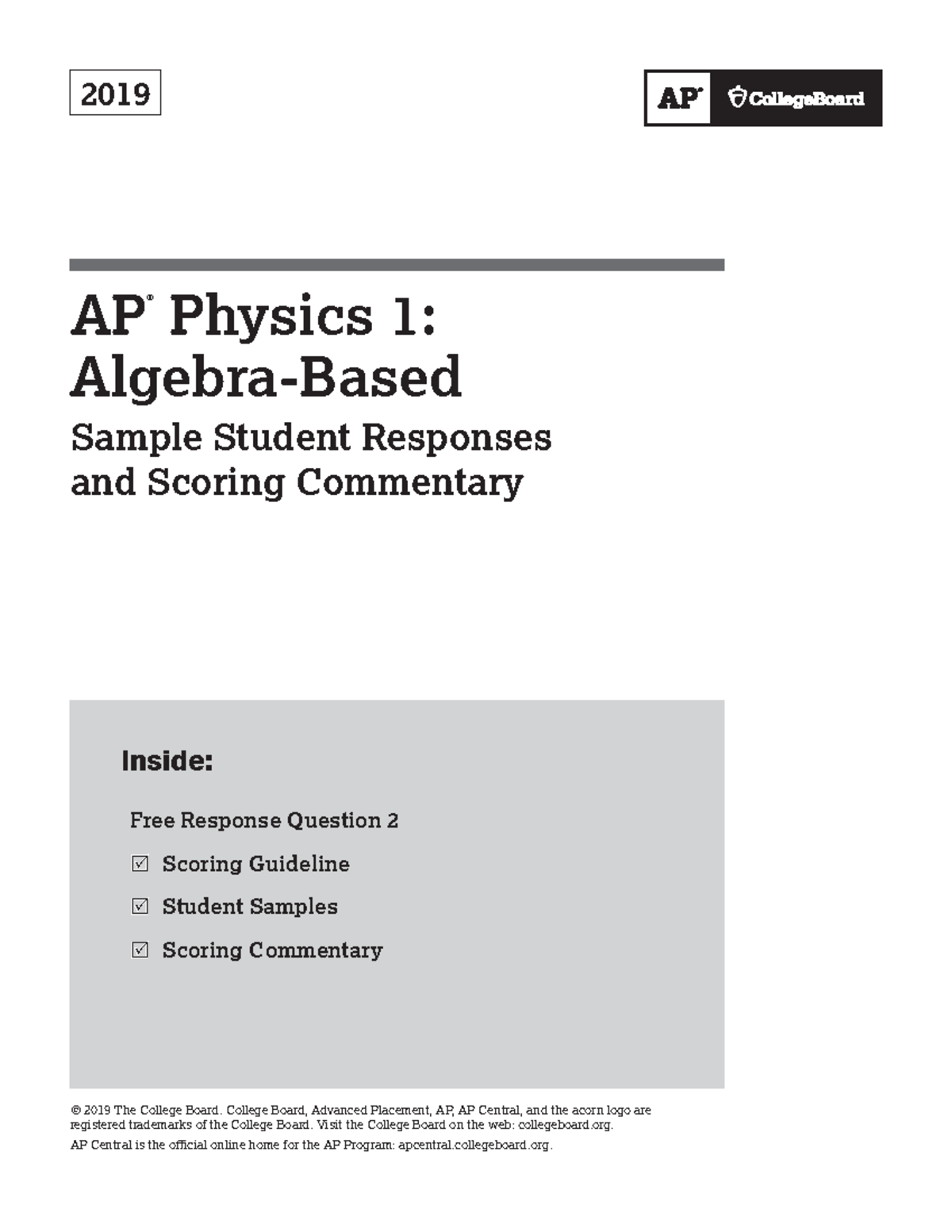 AP Physics 1 (AP19) 2019 Q2 Work: Sample Responses & Scoring Guidelines ...