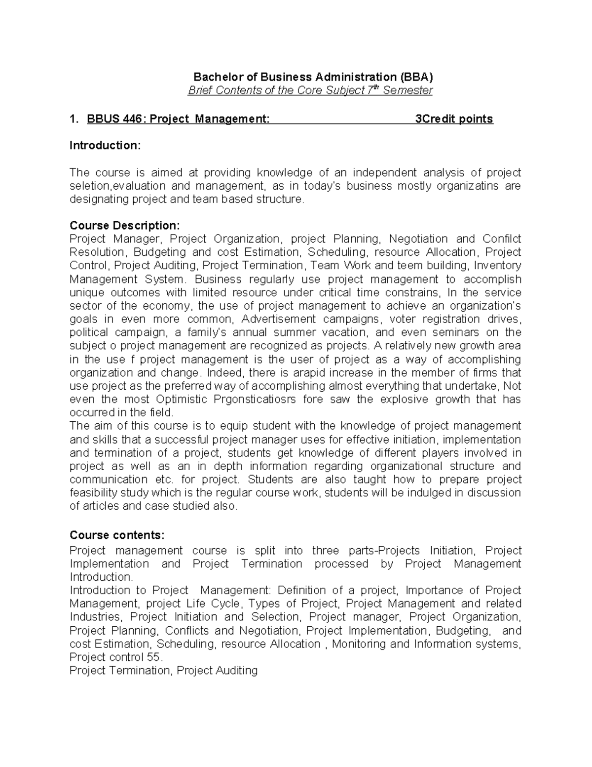 BBA 7th Sem: Project Management Course Overview and Contents - Studocu