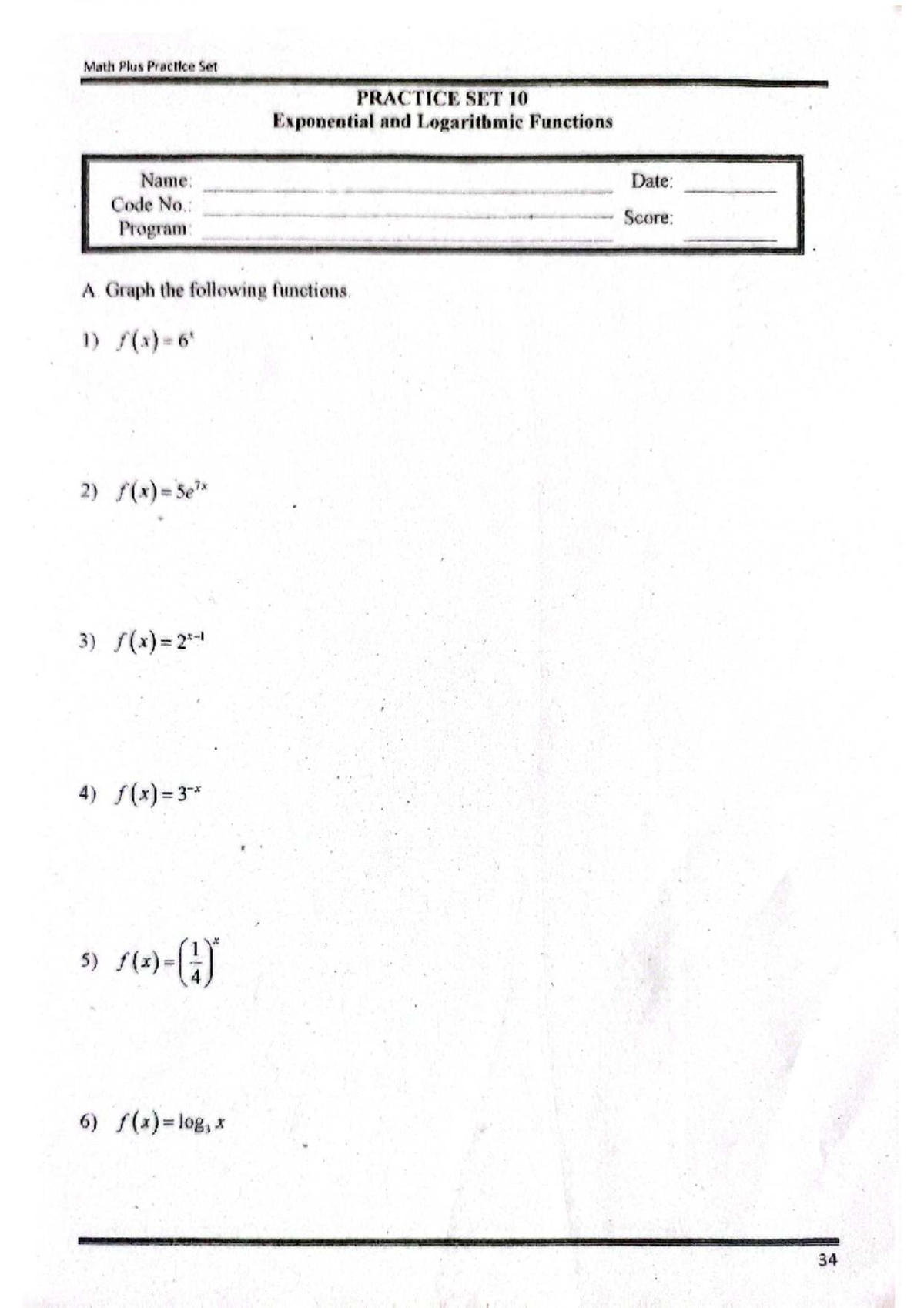 Math Plus Practice Set 10: Exponential & Logarithmic Functions - Studocu