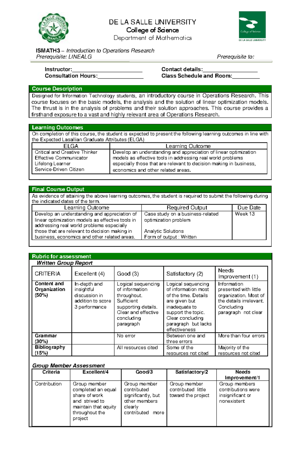 ISMATH3 Syllabus: Introduction to Operations Research Overview - Studocu
