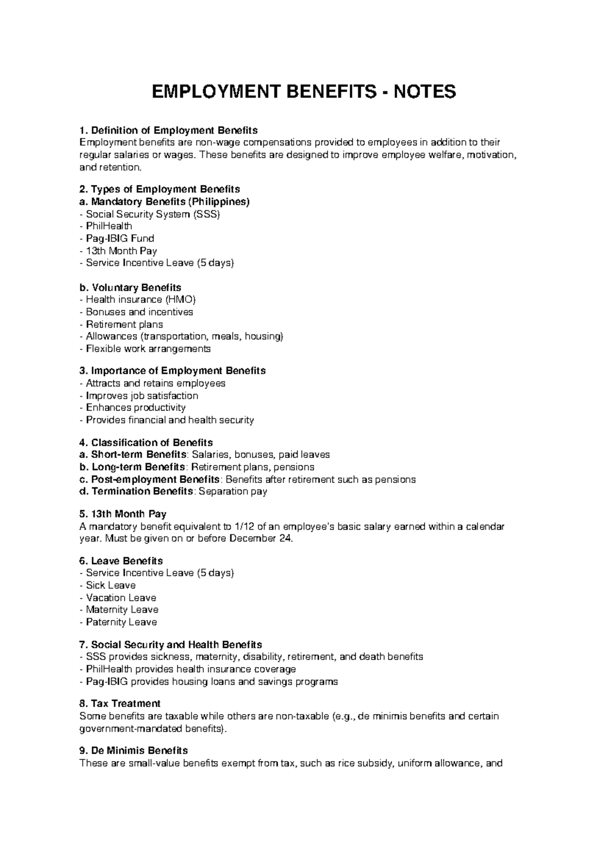 EMPLOYMENT BENEFITS NOTES: Overview and Key Types - Studocu
