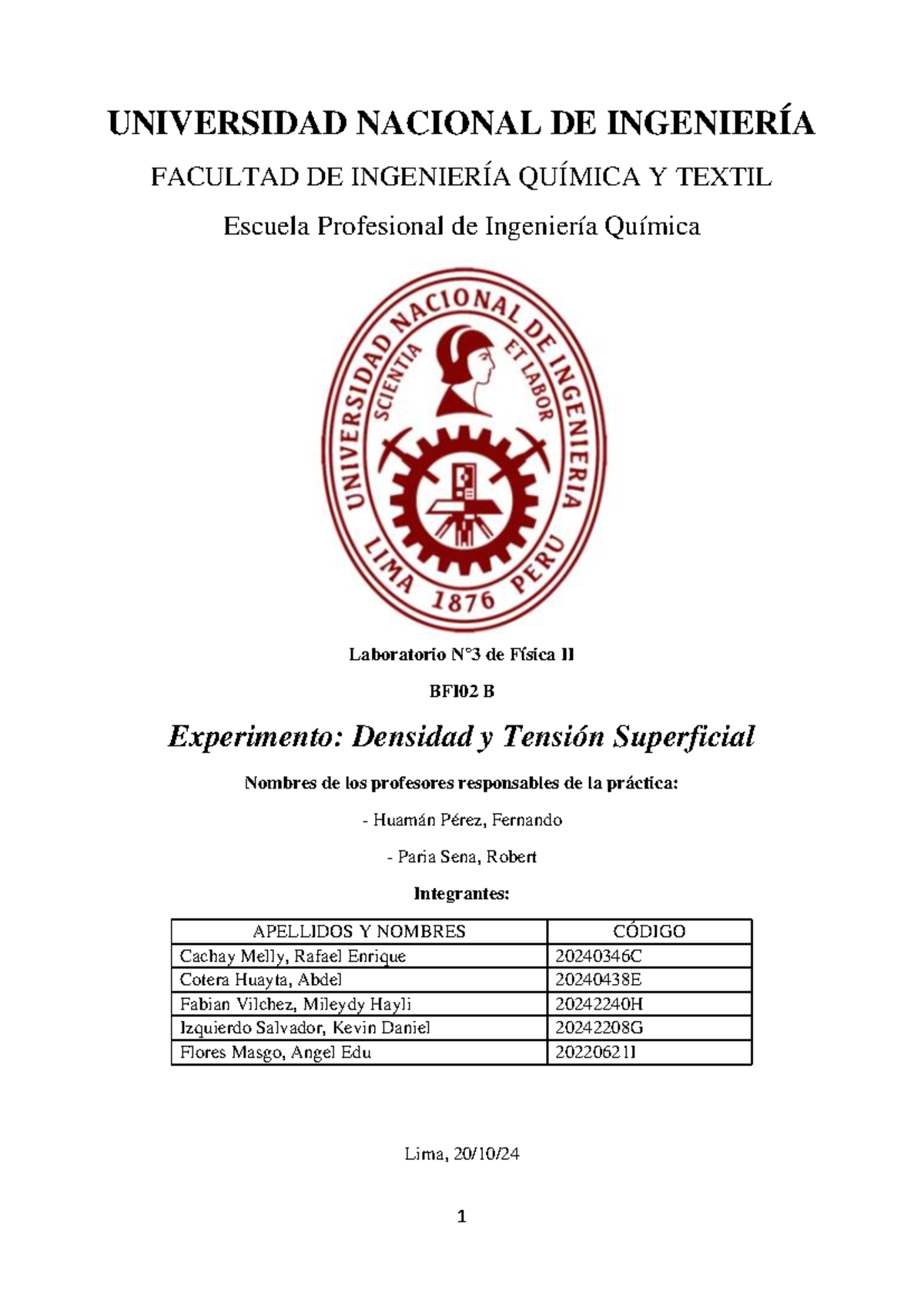 Informe de Laboratorio: Densidad y Tensión Superficial - BFI02 B - Document Preview