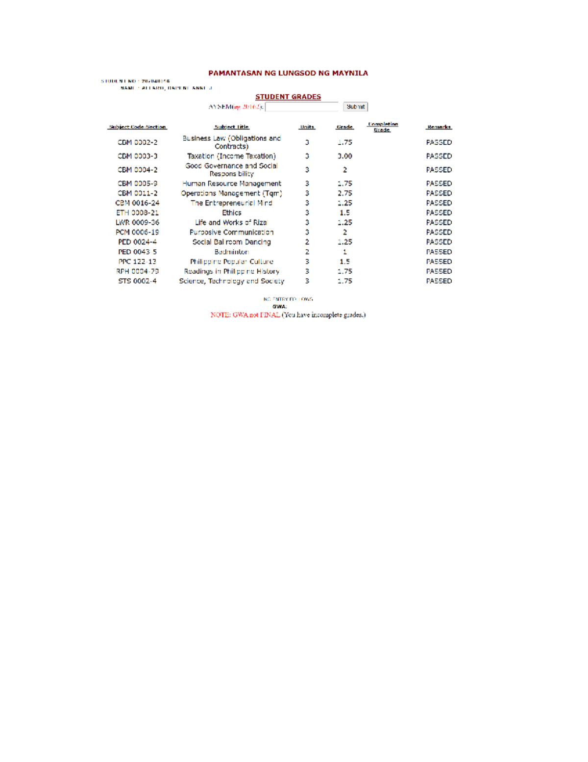 CBM Student Grades Report - AYSEM 20162 - Alfaro, Daphne Anne J. - Studocu
