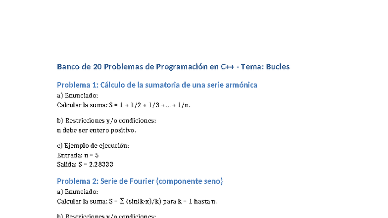 Banco de 20 Problemas de Programación en Bucles C++ - Studocu