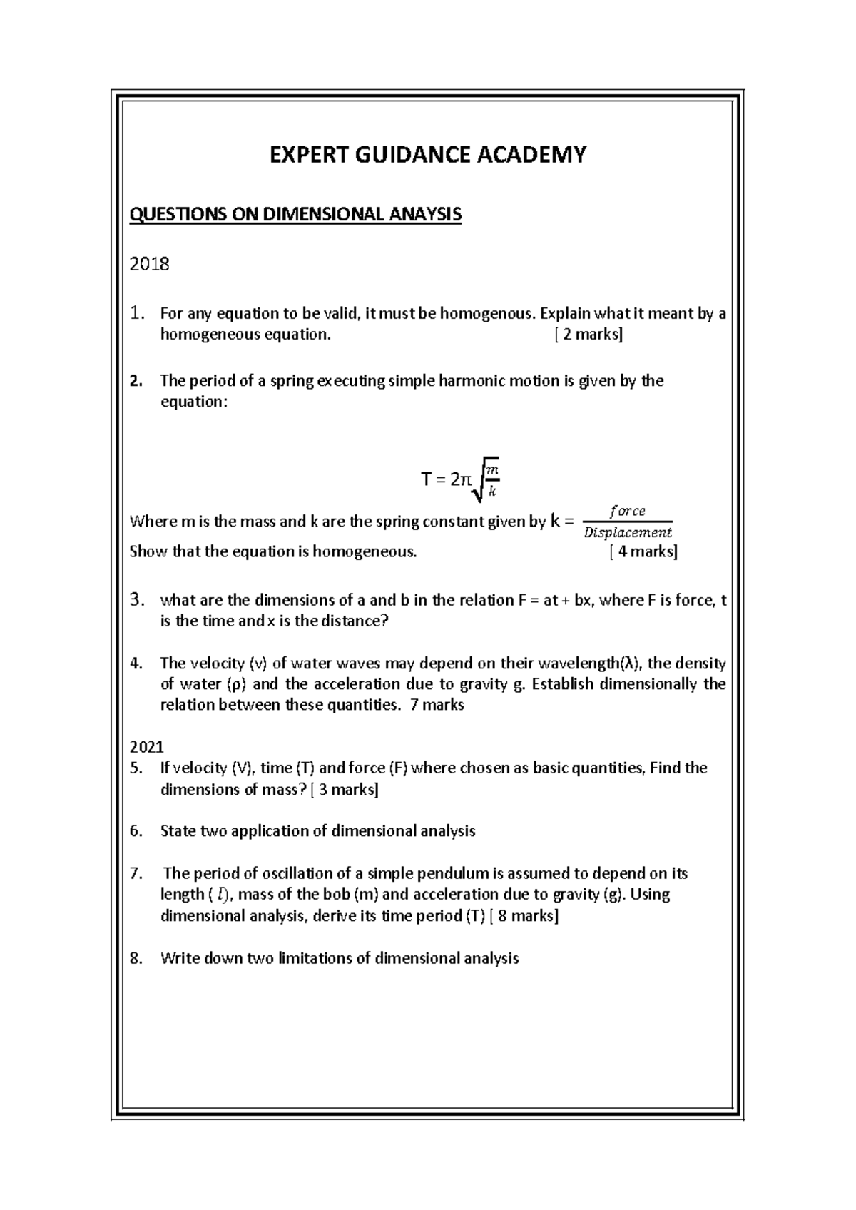 Dimensional Analysis Questions - Expert Guidance Academy 2018 - Studocu
