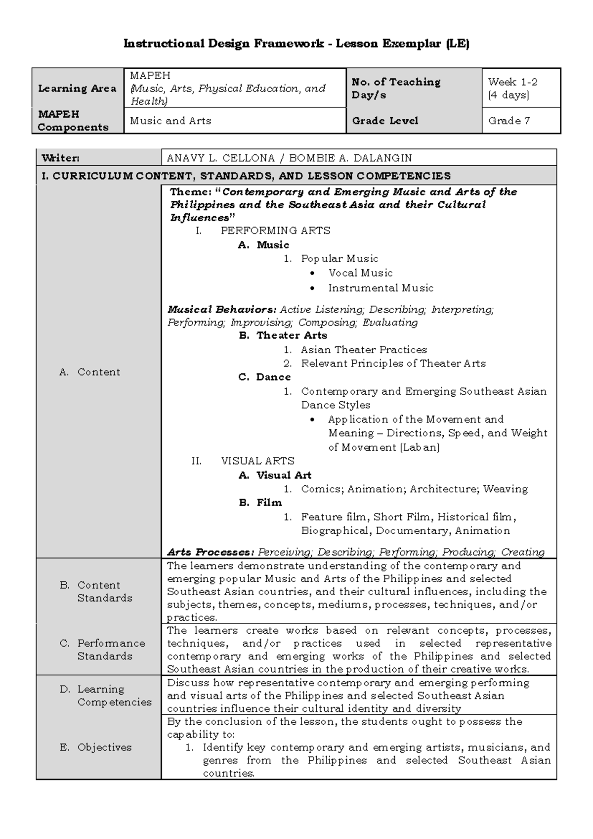 LE Music Arts 7 Week 1 - Lesson Exemplar Notes & Activities - Studocu