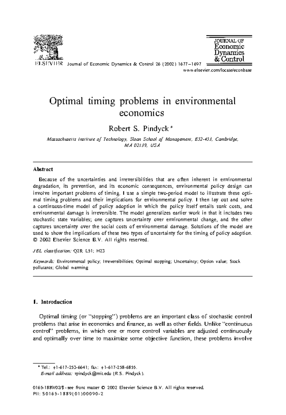 Optimal Timing Problems in Environmental Economics (Pindyck 2002) - Studocu