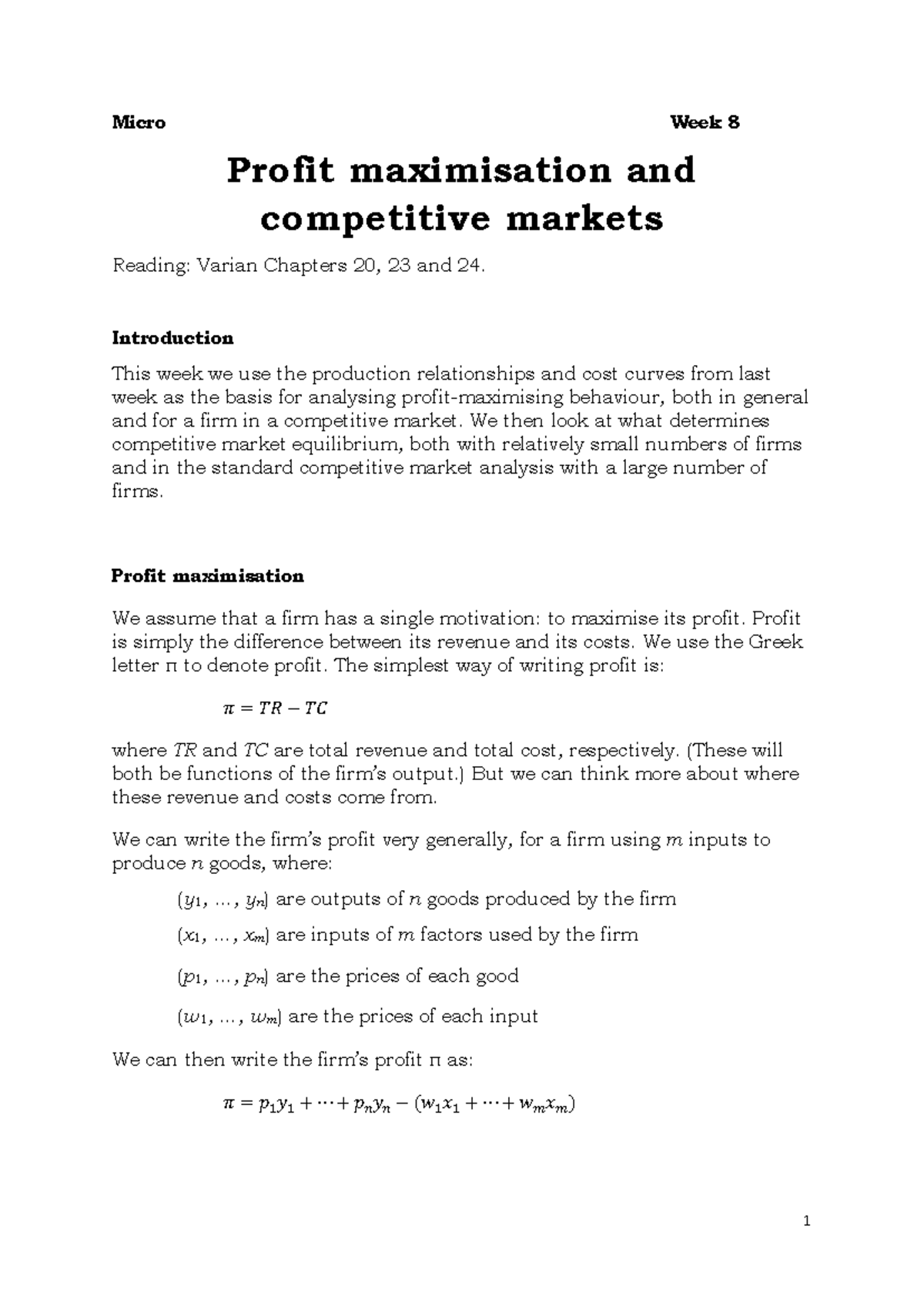 Microeconomics: Week 8 Profit Maximization & Competitive Markets ...