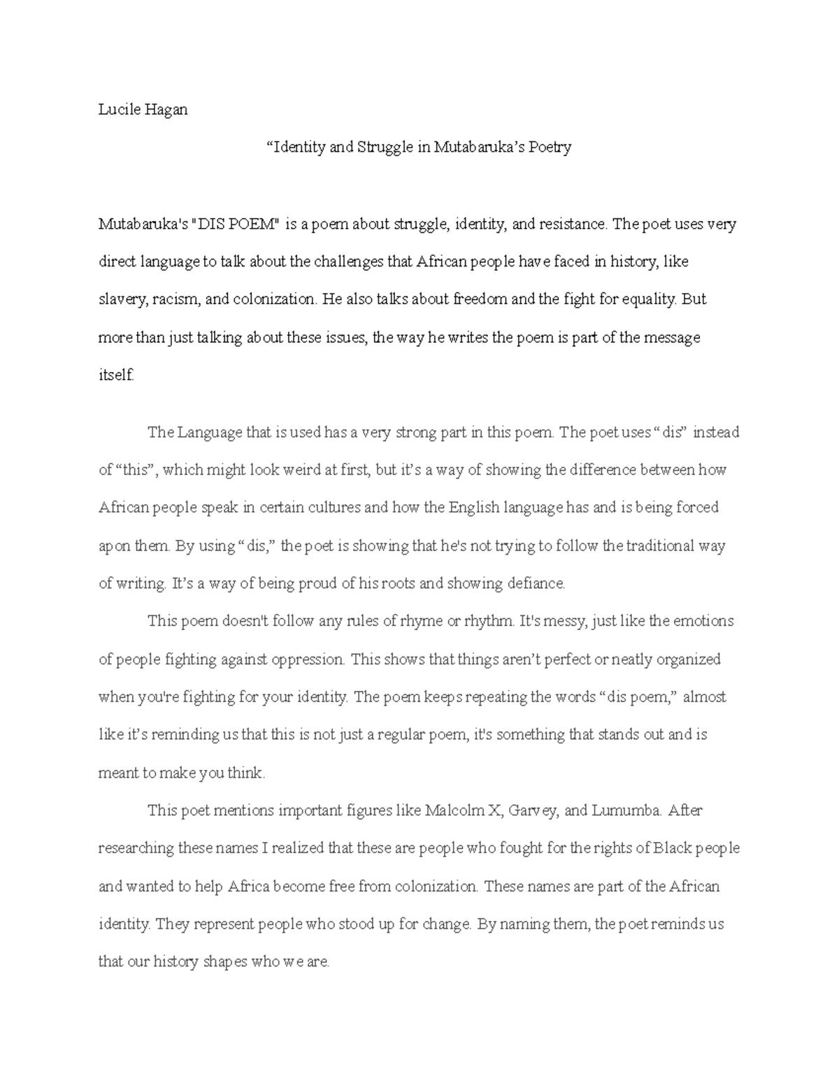Essay Notes - Analysis of Identity in Mutabaruka's Poetry - Tv7b - Studocu