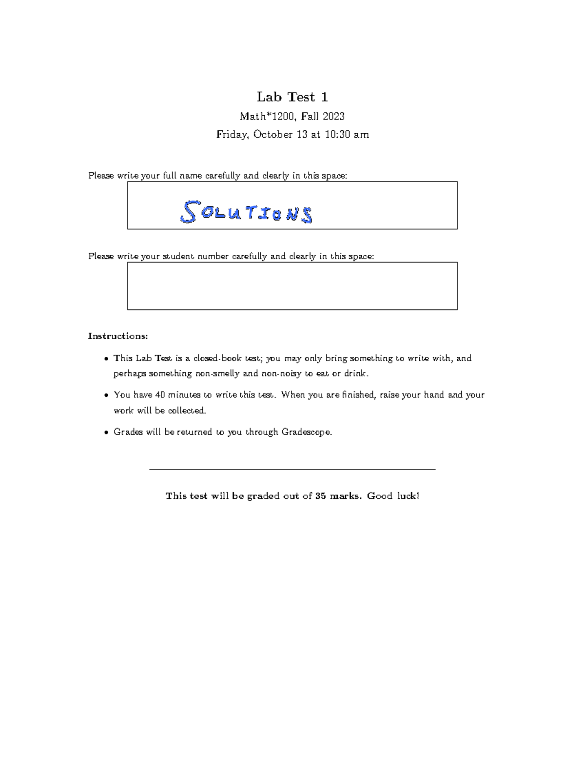 Lab Test 1 (MATH101) Solutions - Fall 2023 - Studocu