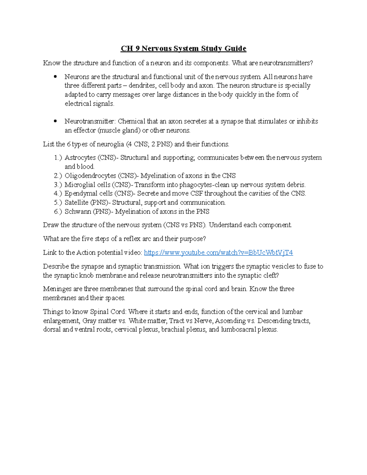 CH 9 Nervous System Study Guide: Neurons, Neuroglia & Functions - Studocu