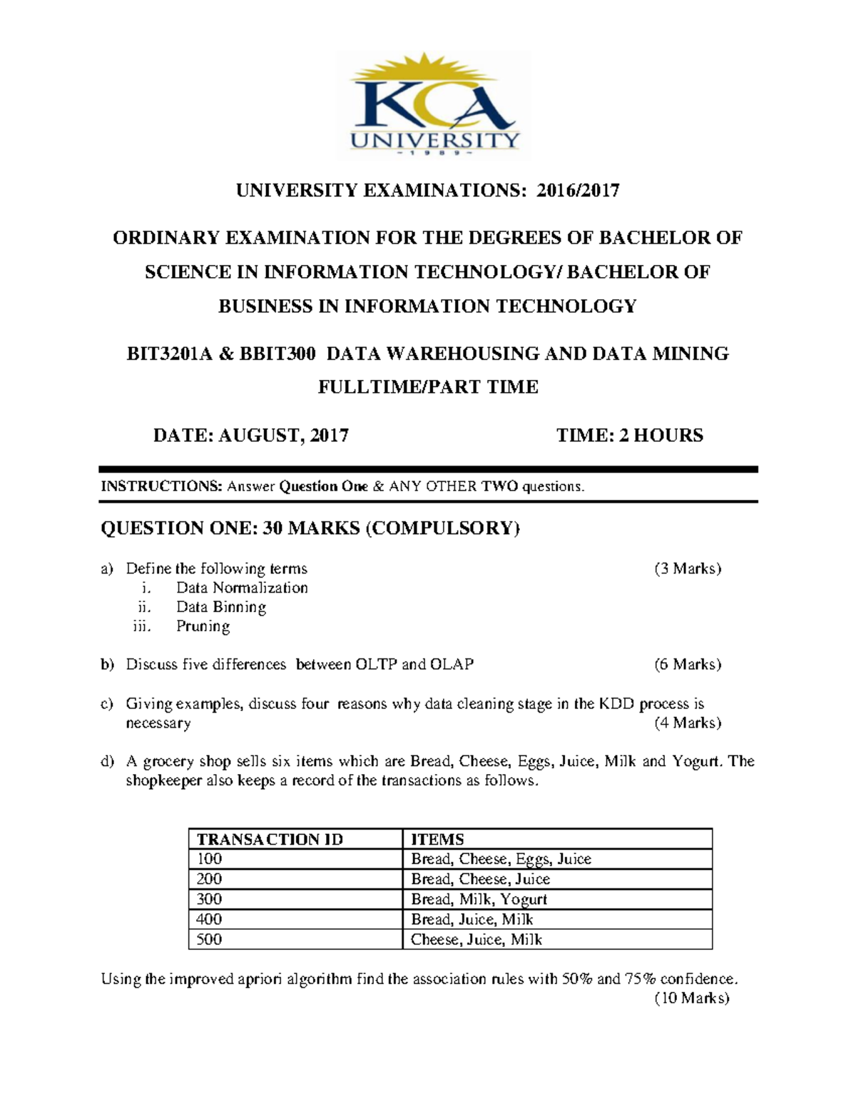 BIT3201A & BBIT300 2017 Final Exam: Data Warehousing & Mining - Document Preview