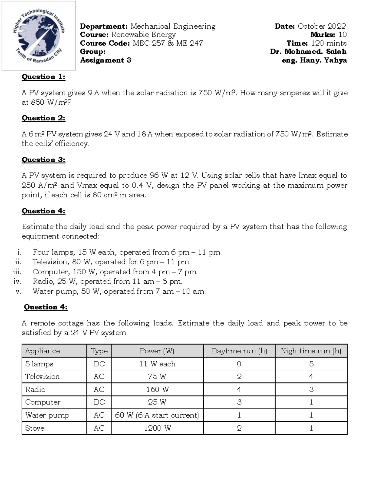 MEC 257 & ME 247 - Assignment 3: PV System Design Questions - Studocu