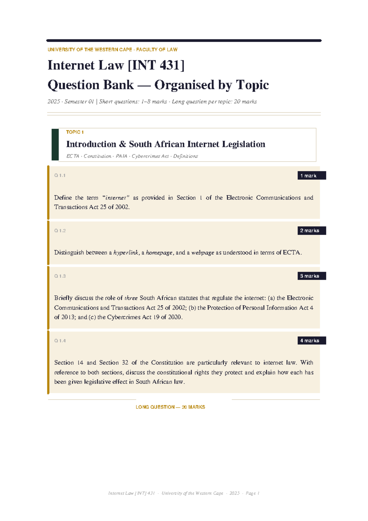 Internet Law 431 Question Bank: Topics & Short/Long Questions 2025 ...