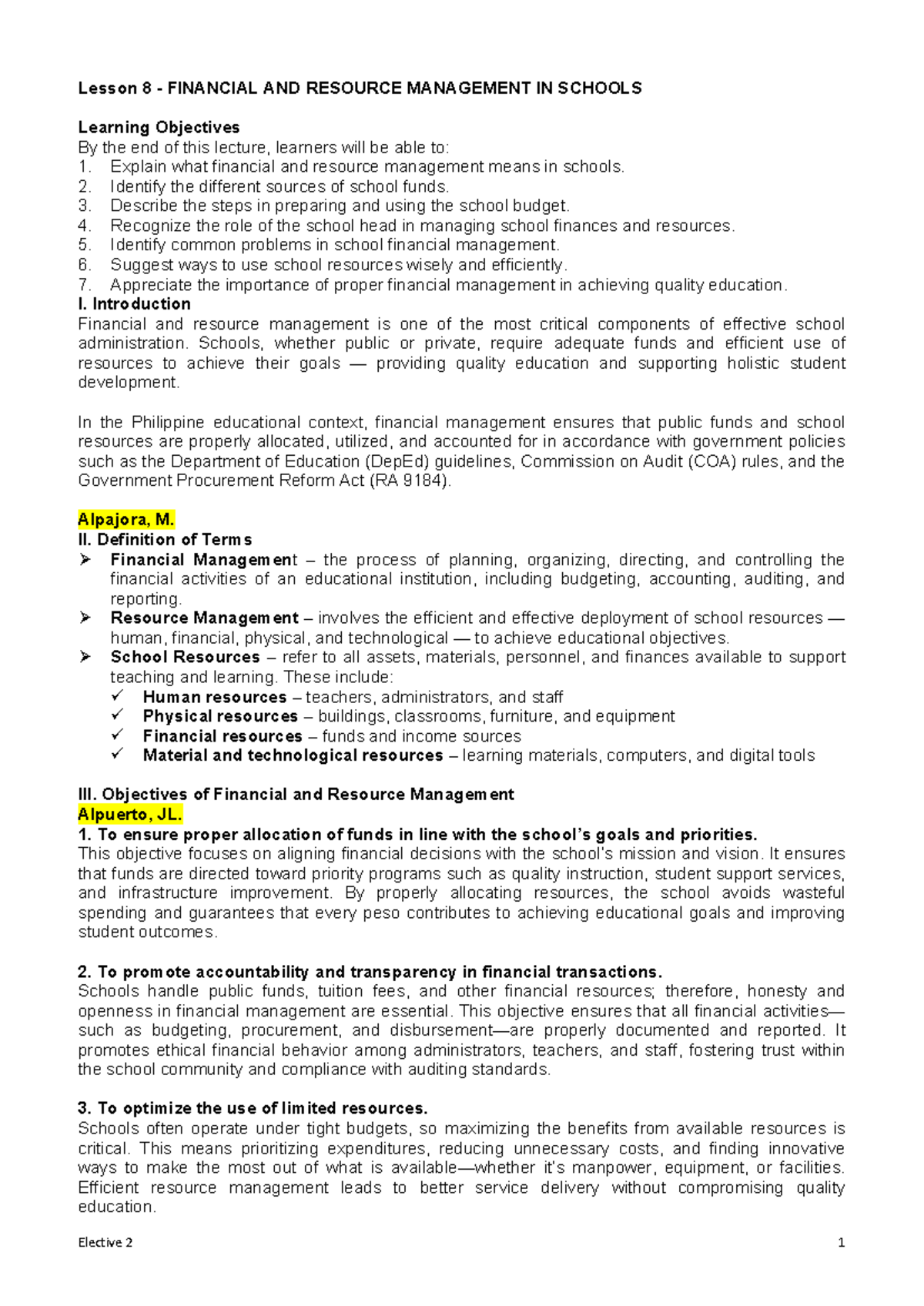 Lesson 8: Financial & Resource Management in Schools (SVER) - Studocu