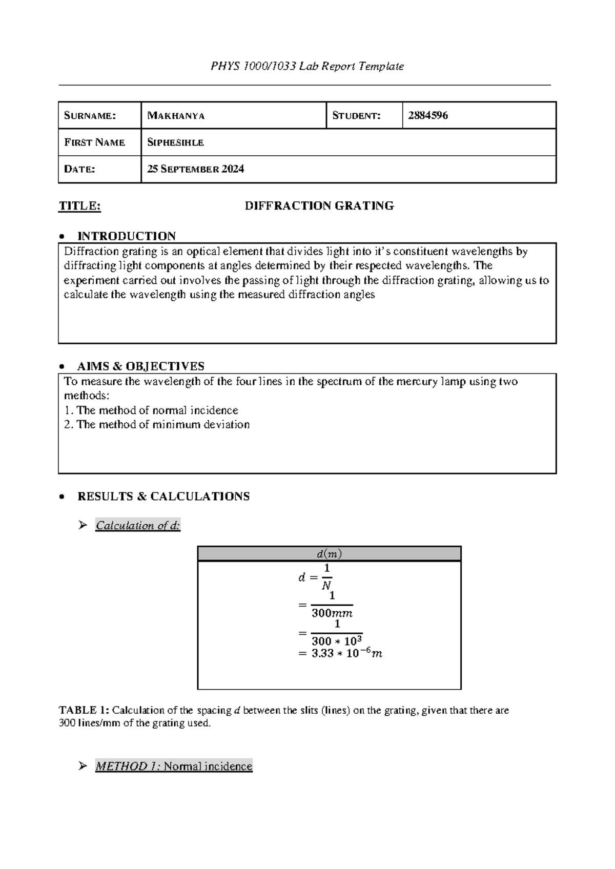 PHYS 101 Lab Report: Diffraction Grating Experiment Analysis - Studocu