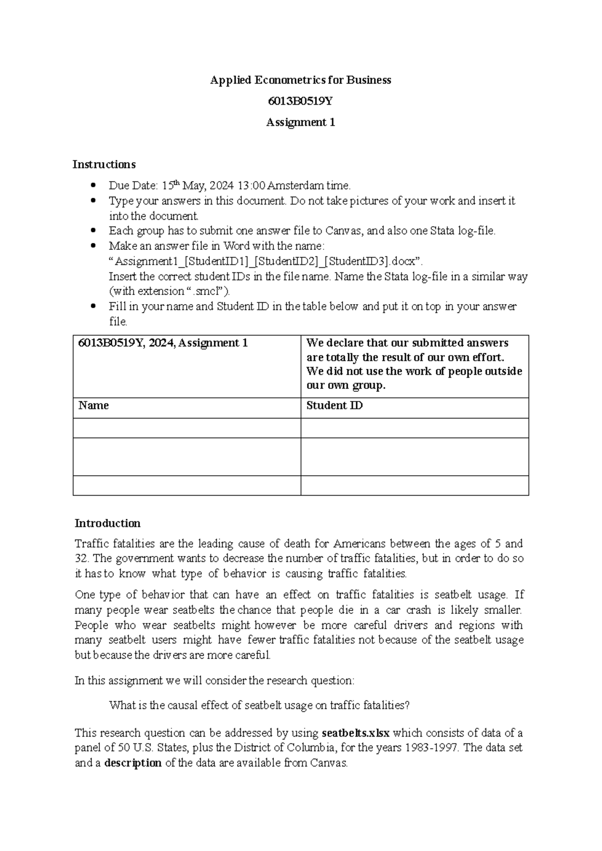 Applied Econometrics Assignment 1 - Course Code: 6013B0519Y - Studeersnel